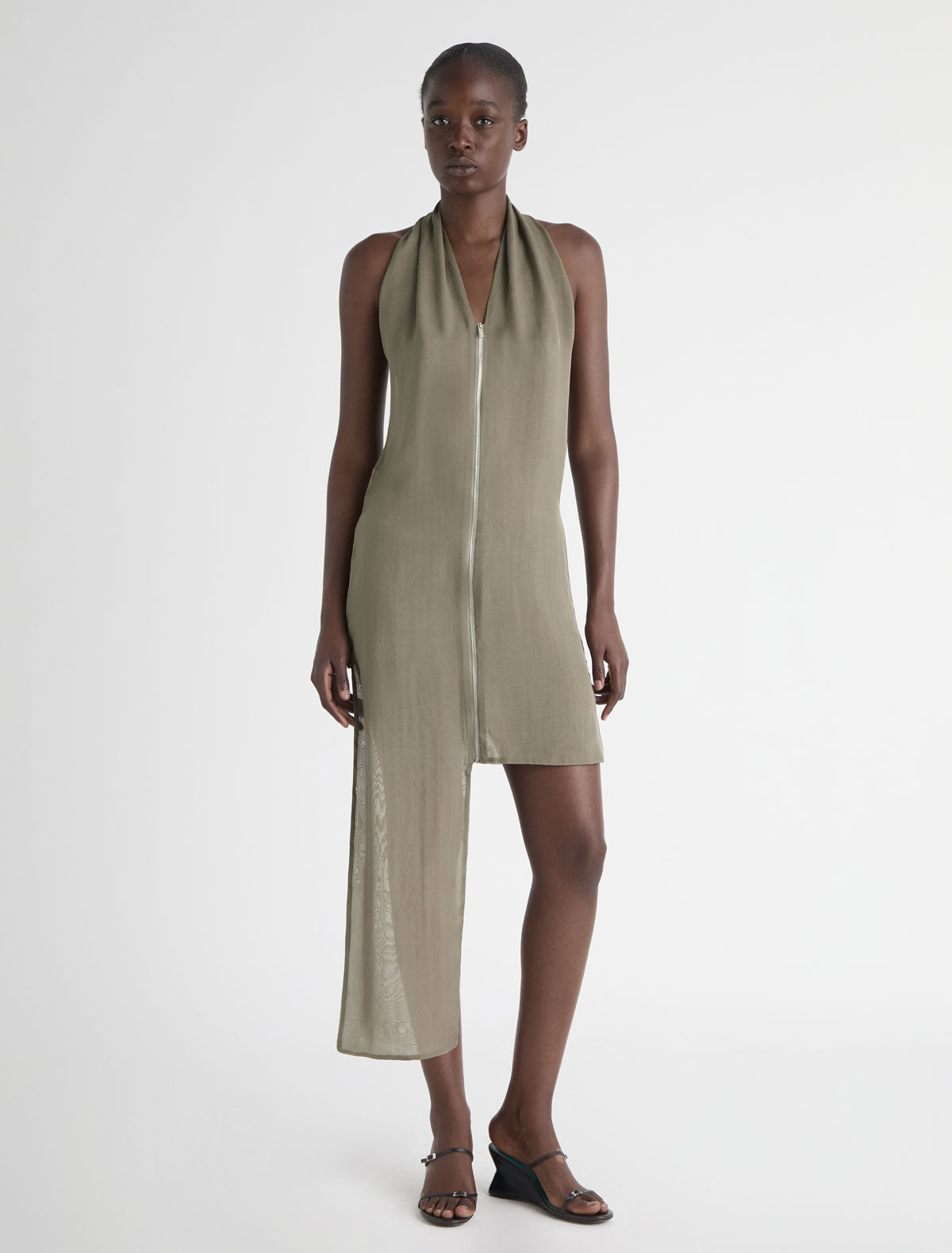 Jinno dress halter silk dress double slider front zip closure khaki