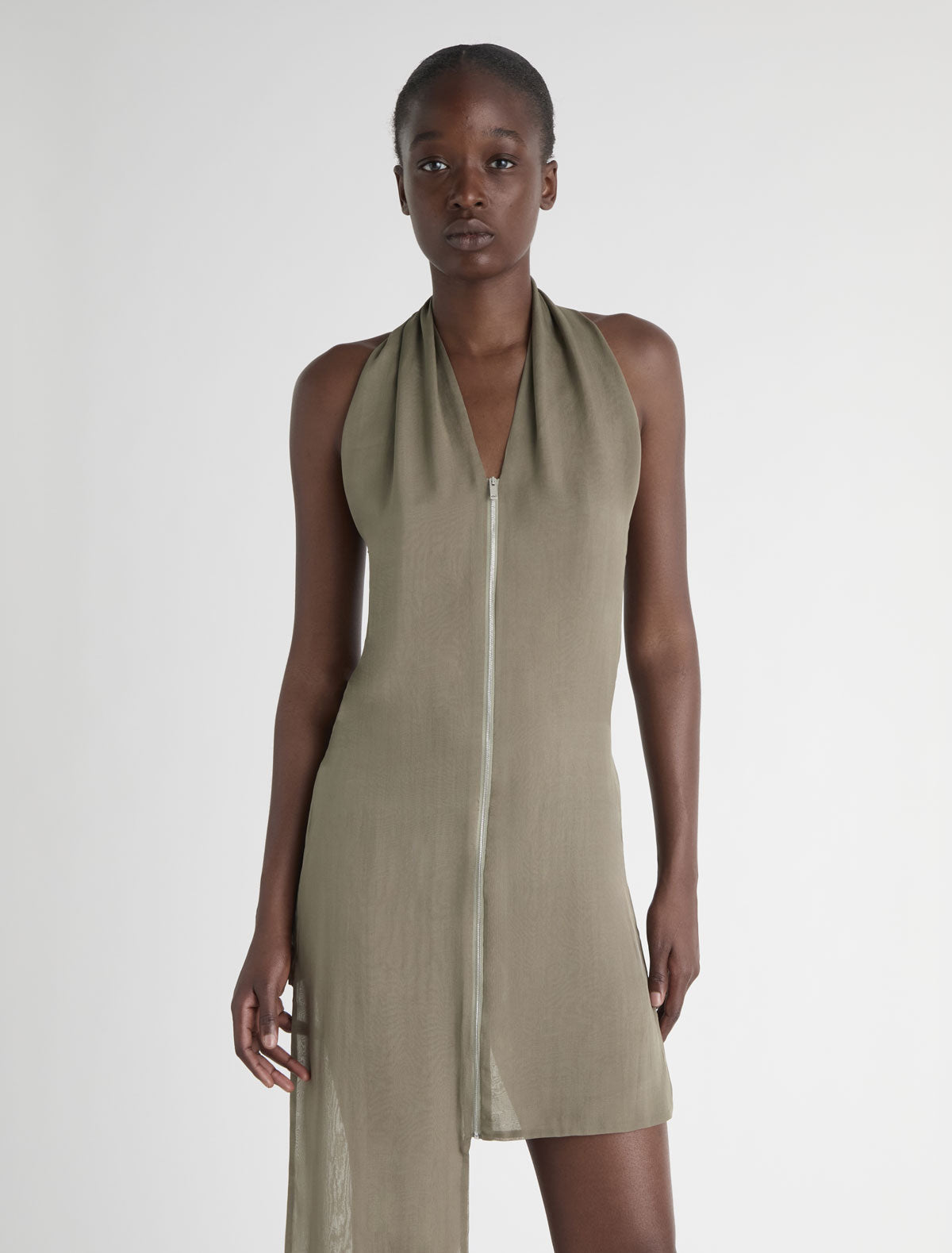 Jinno dress halter silk dress double slider front zip closure khaki