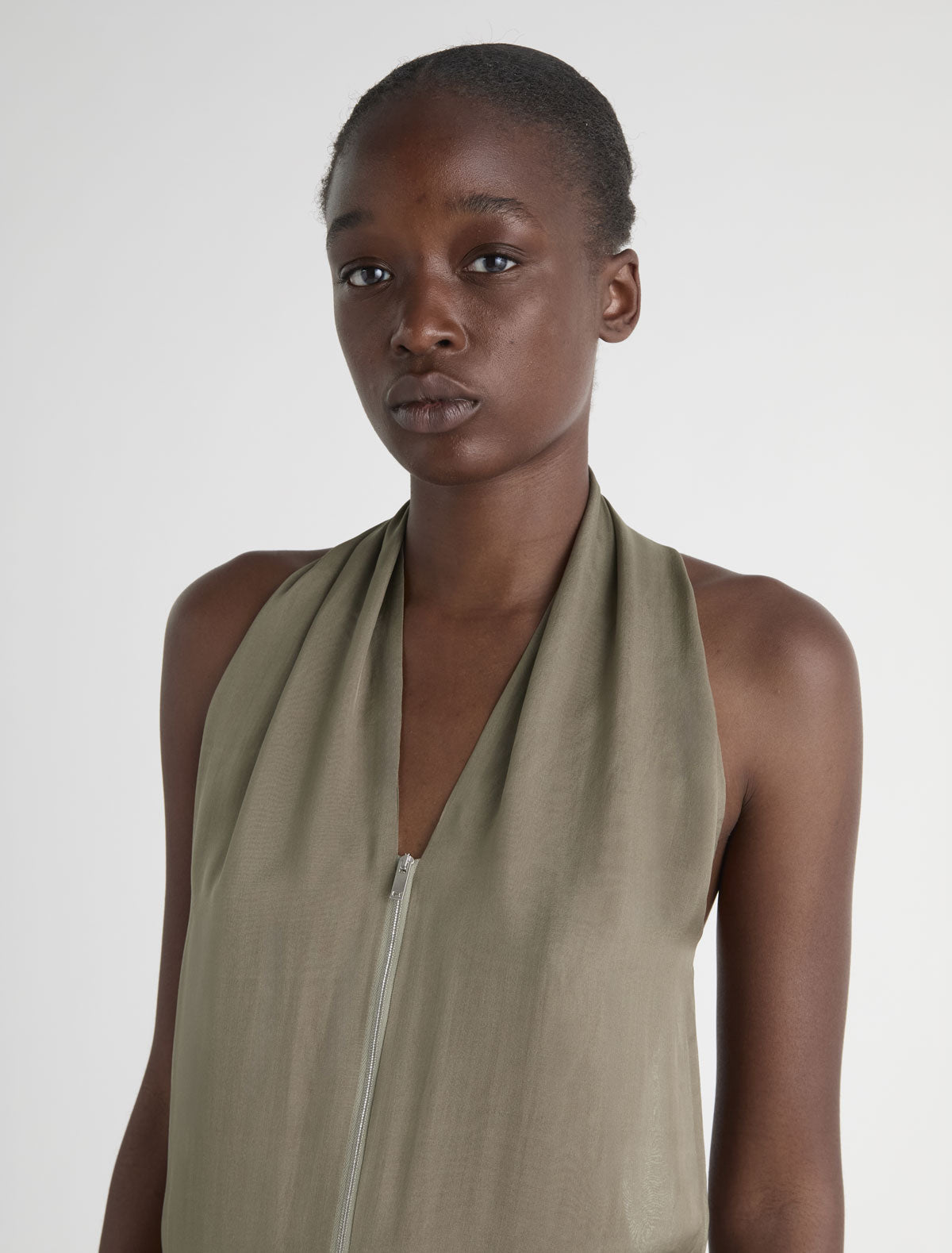 Jinno dress halter silk dress double slider front zip closure khaki