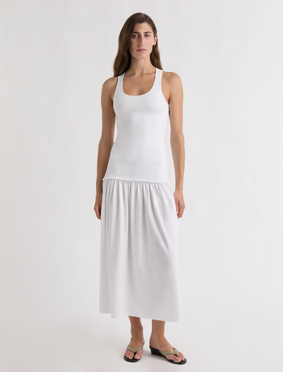 Juliana fitted long strappy dress racerback gathered detail hip white