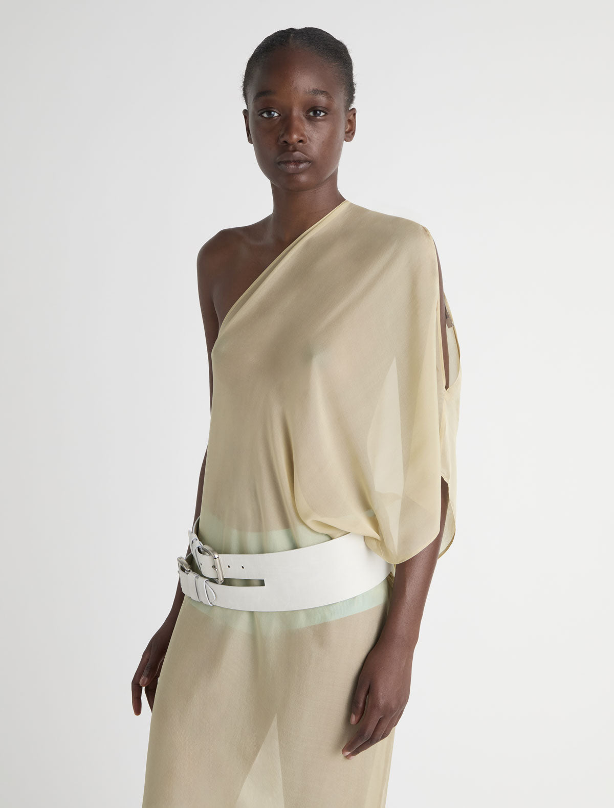 Long bibbit long straight dress double position design ecru