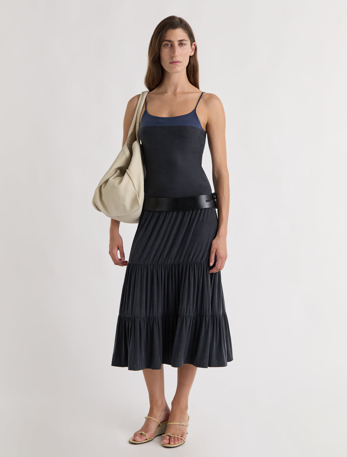 Naro long strappy cupro dress with ruffle detailing navy