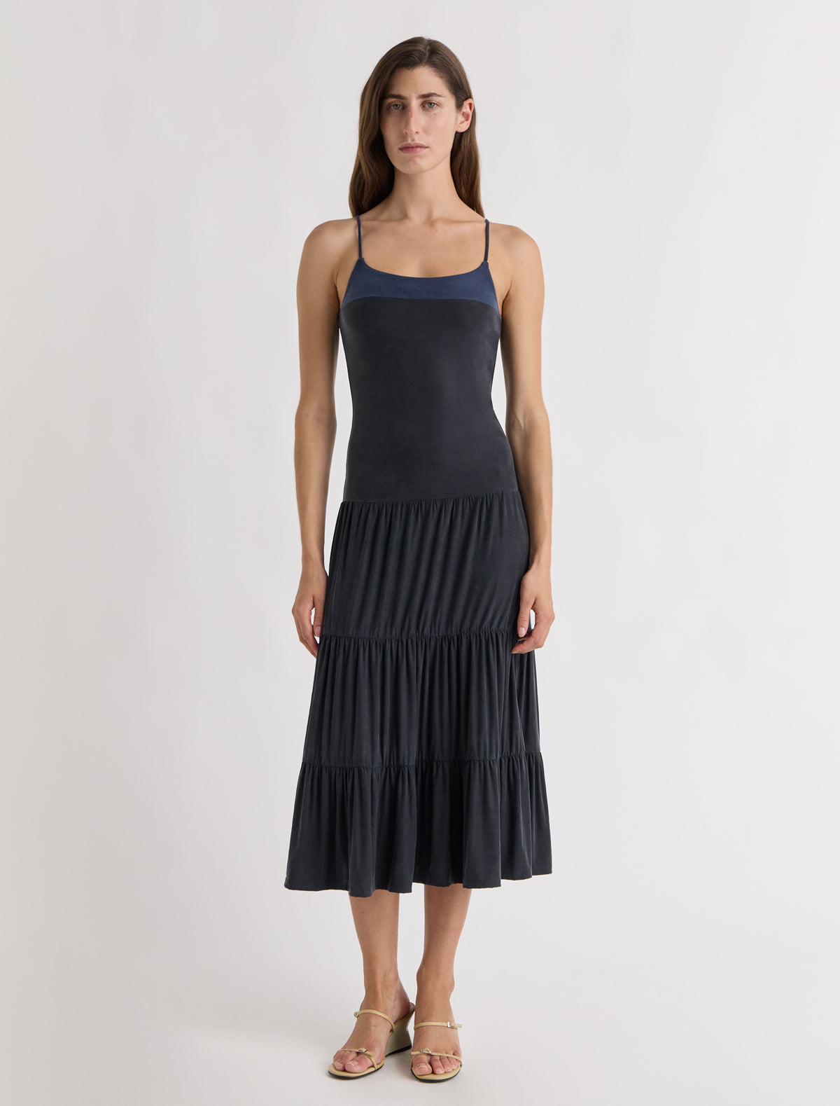 Naro long strappy cupro dress with ruffle detailing navy