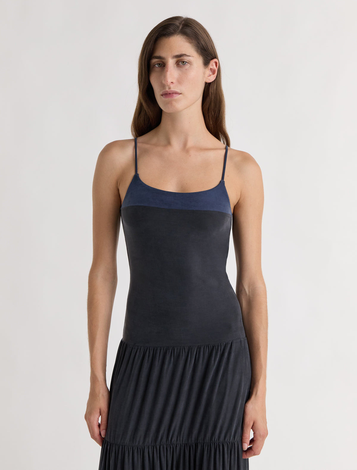 Naro long strappy cupro dress with ruffle detailing navy