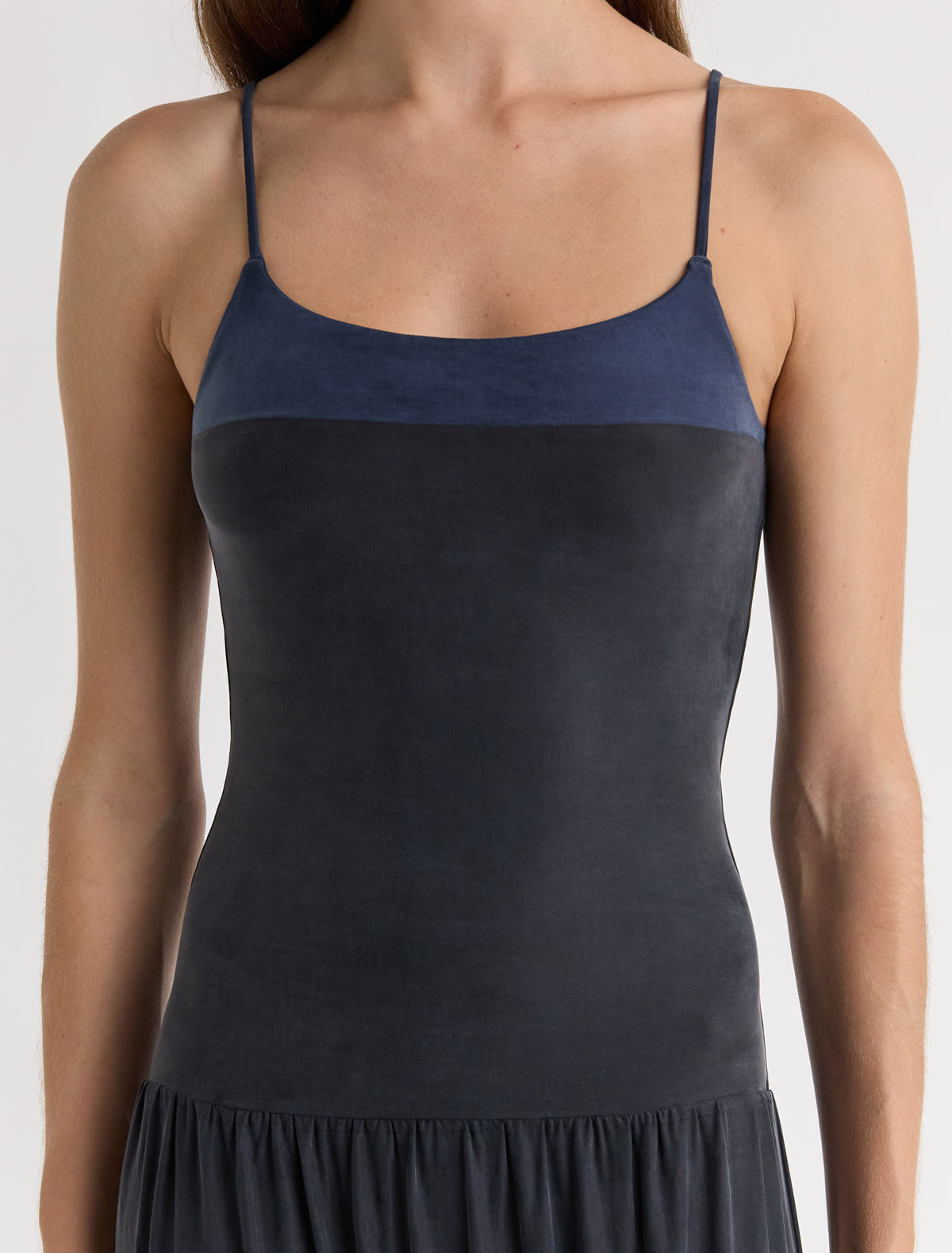Naro long strappy cupro dress with ruffle detailing navy