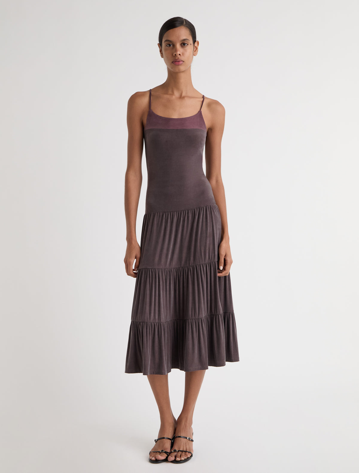 Naro long strappy cupro dress with ruffle detailing aubergine