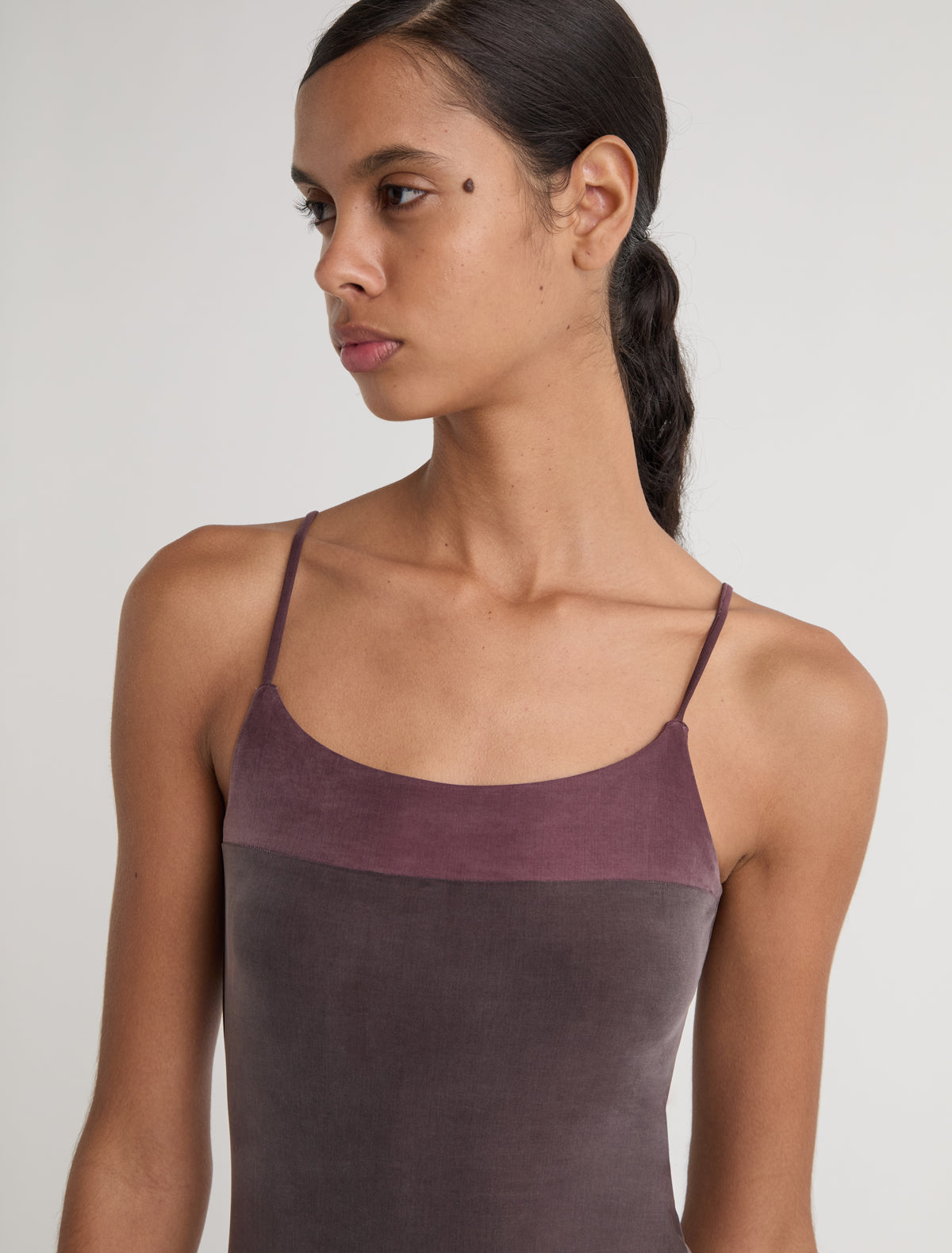 Naro long strappy cupro dress with ruffle detailing aubergine