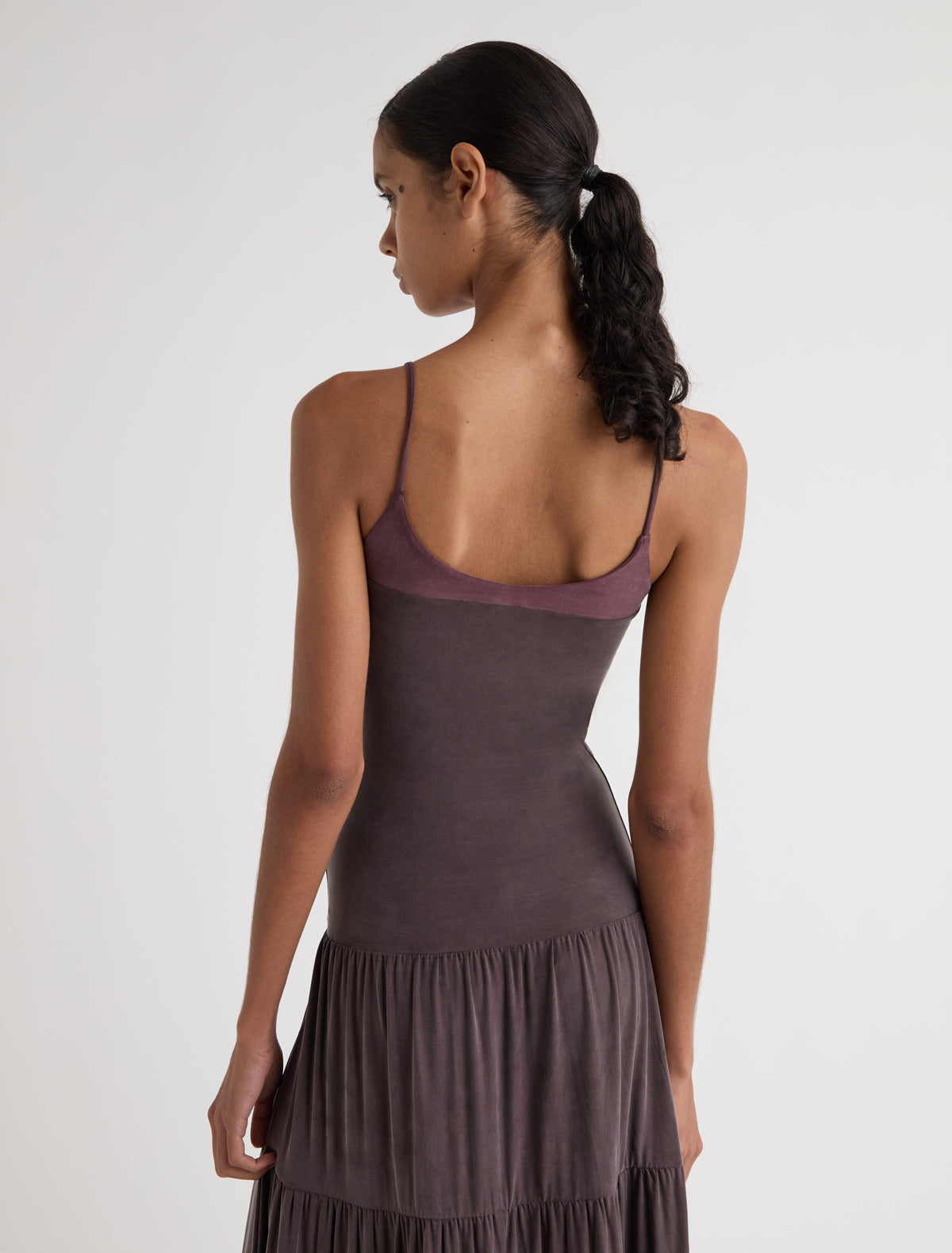 Naro long strappy cupro dress with ruffle detailing aubergine
