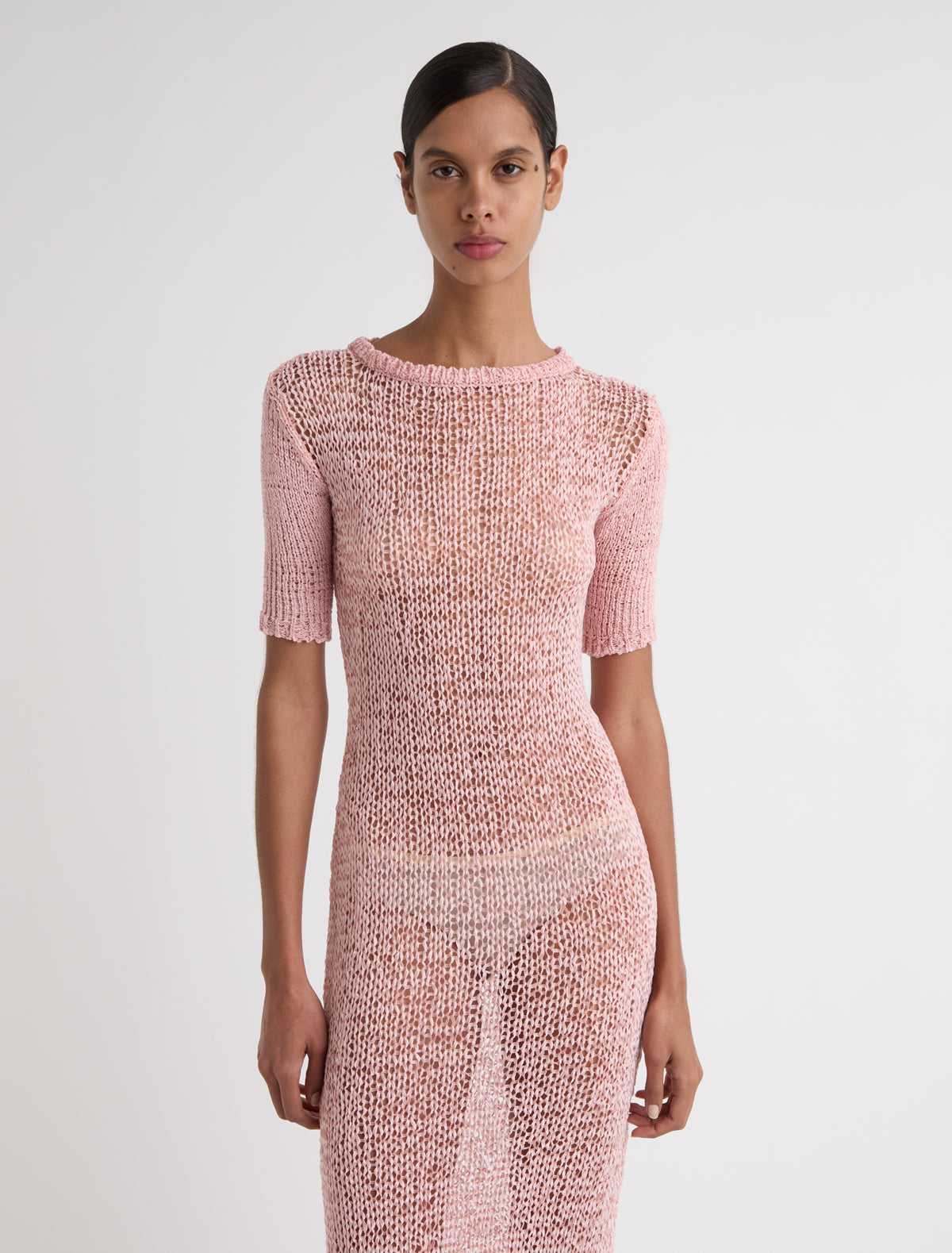 Vero long dress short sleeves neckline ruffled effect pink