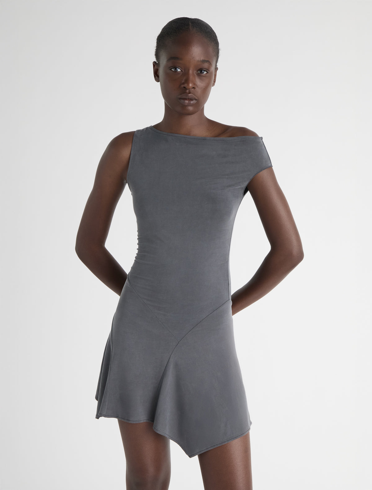 Mini yausi fitted dress asymmetric shoulders grey