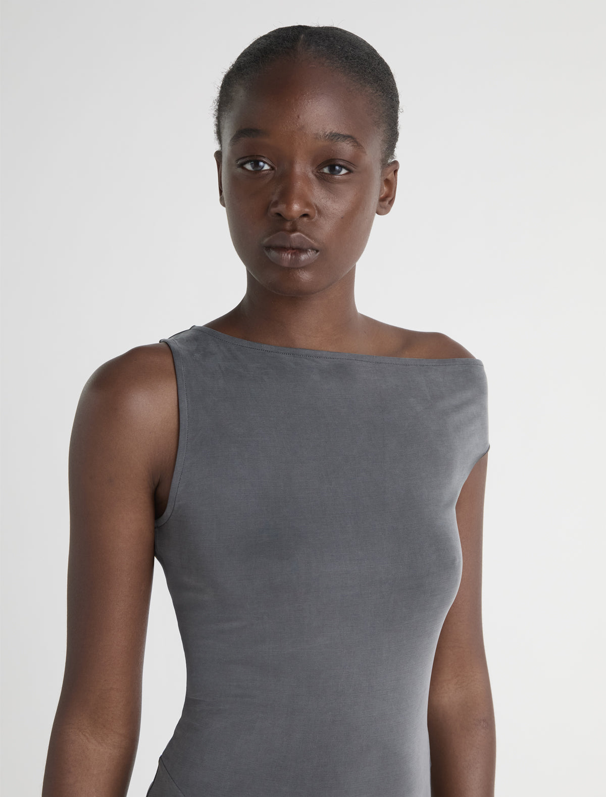 Mini yausi fitted dress asymmetric shoulders grey