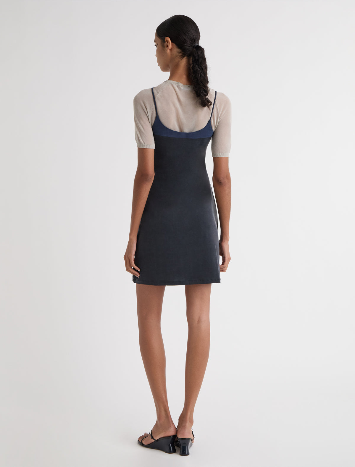 Zuno dress short strappy cupro dress contrasting panel chest navy