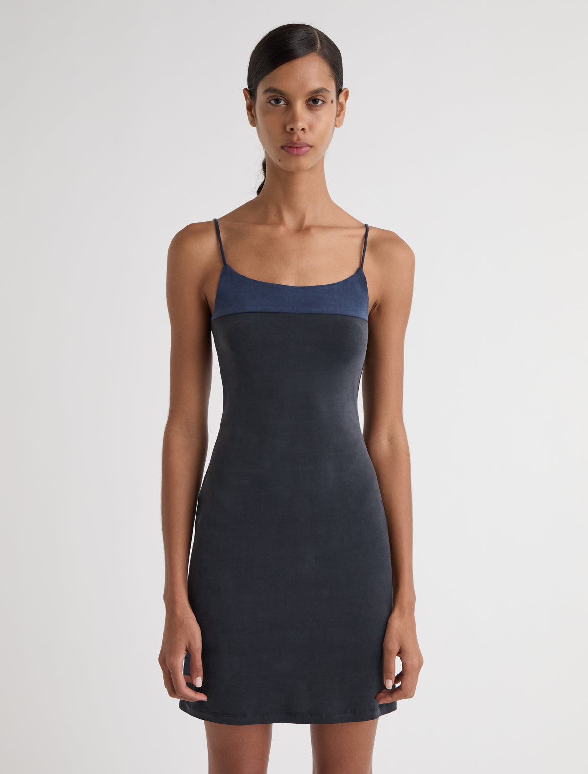 Zuno dress short strappy cupro dress contrasting panel chest navy