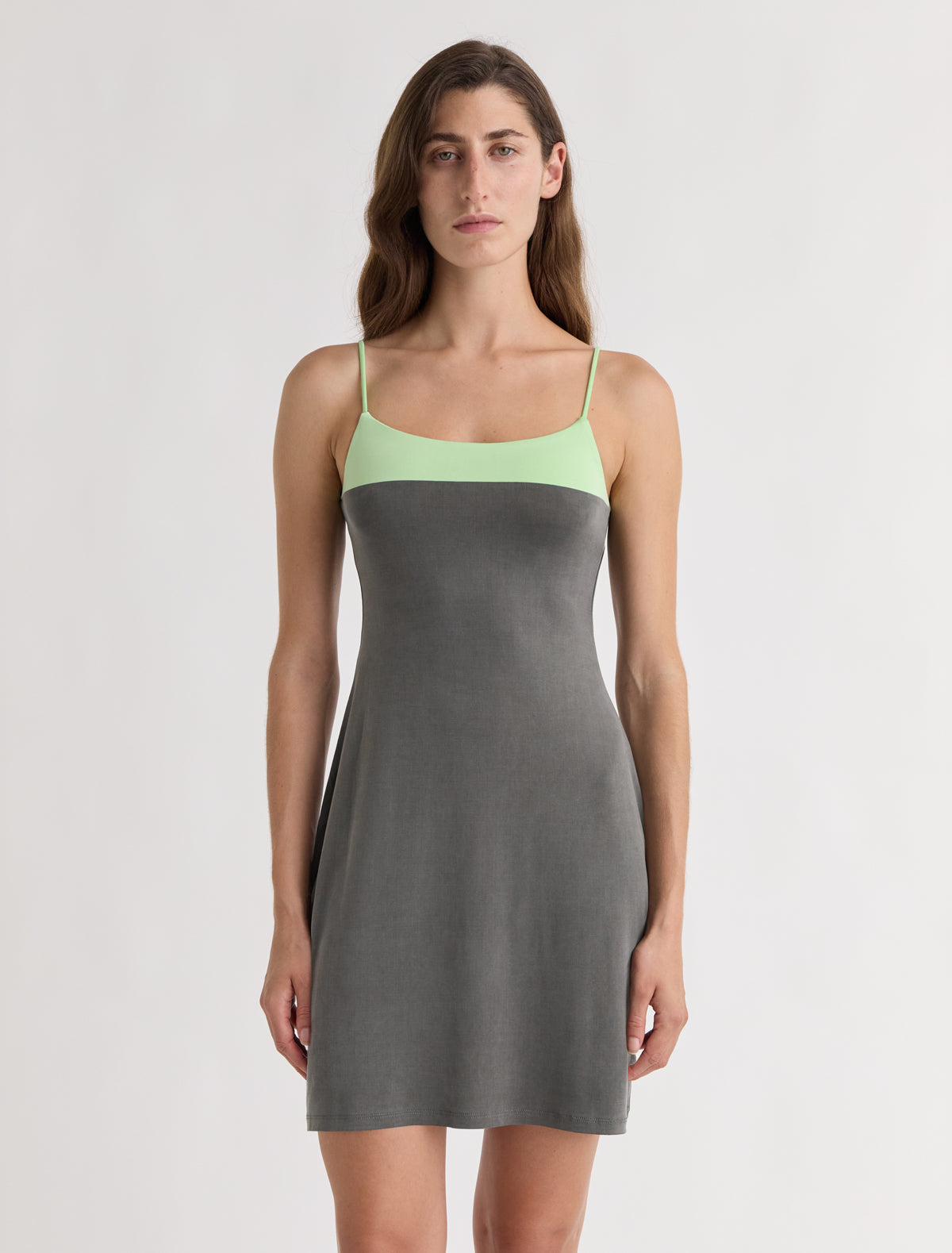 Zuno dress short strappy cupro dress contrasting panel chest khaki