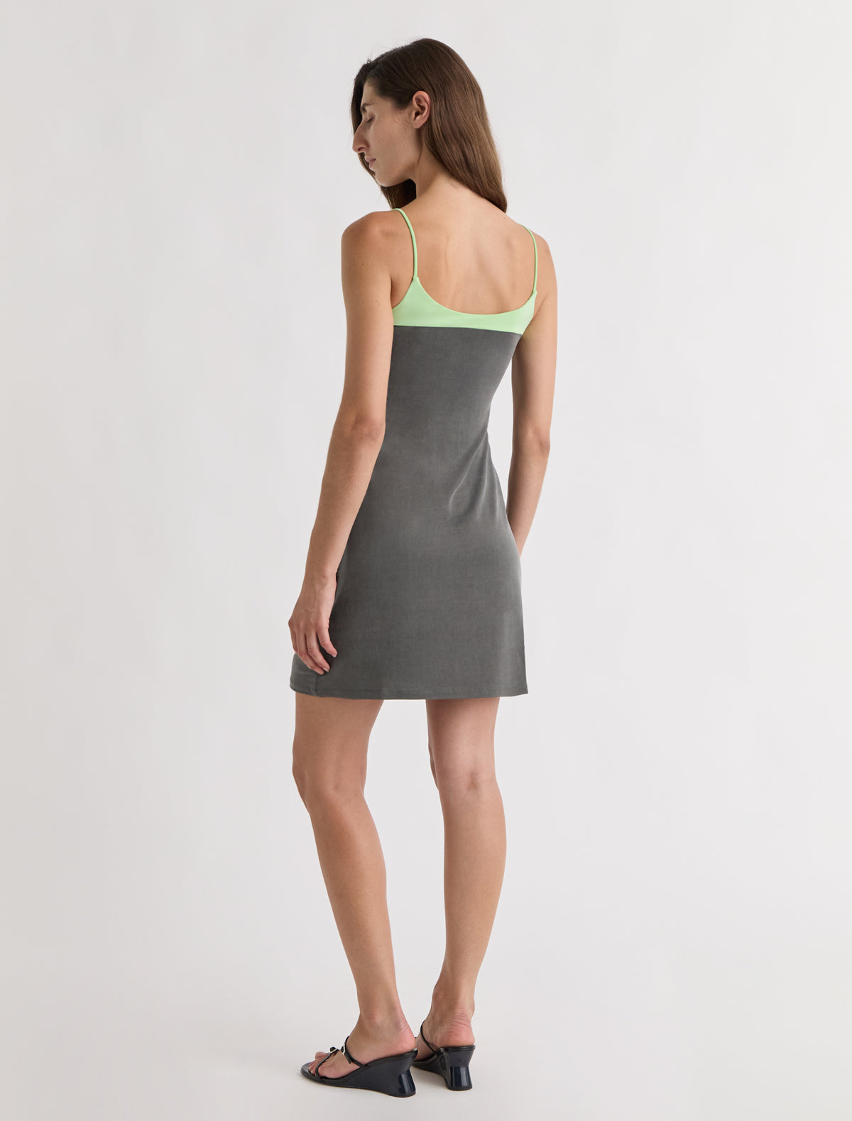 Zuno dress short strappy cupro dress contrasting panel chest khaki